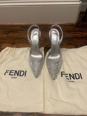 Fendi Silver Crystal Pointed-Toe Slingback Heels
